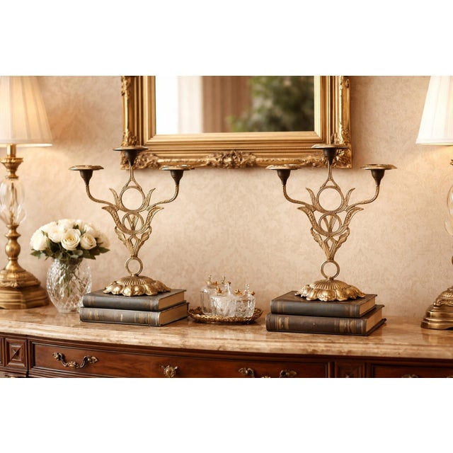 Antique Art Nouveau Period Pair of Neoclassical Three-Light Candlesticks, Gilt Brass or Bronze, Continental Europe, C. 1900 For Sale - Image 12 of 12