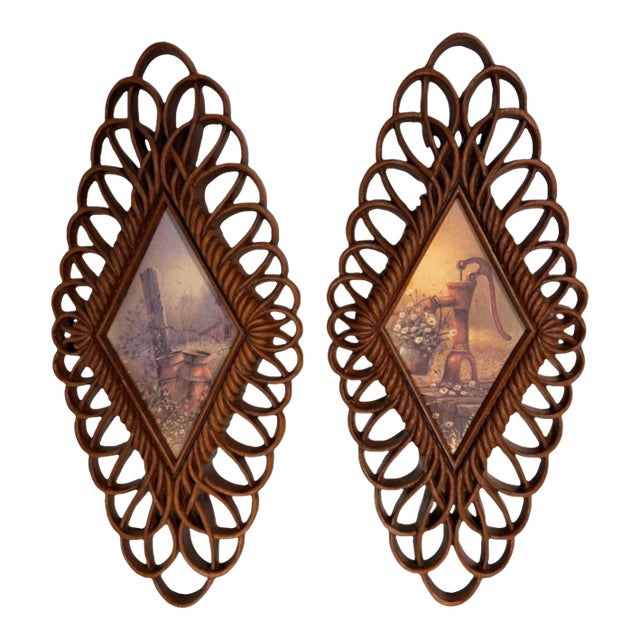 Vintage 1975 Burwood Products Co Wall Plaques Set 2 Country Scenes Brown Retro For Sale