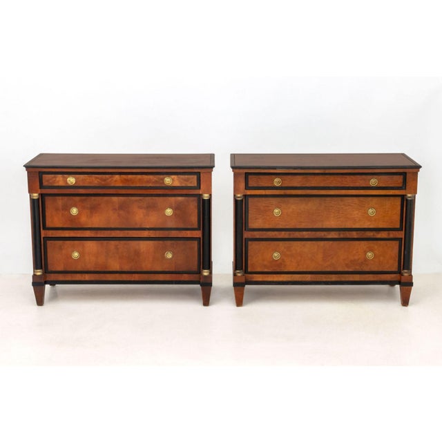 Pair of Century Furniture French Empire Style Mahogany Chests of Drawers, each with three drawers flanked by ebonized...