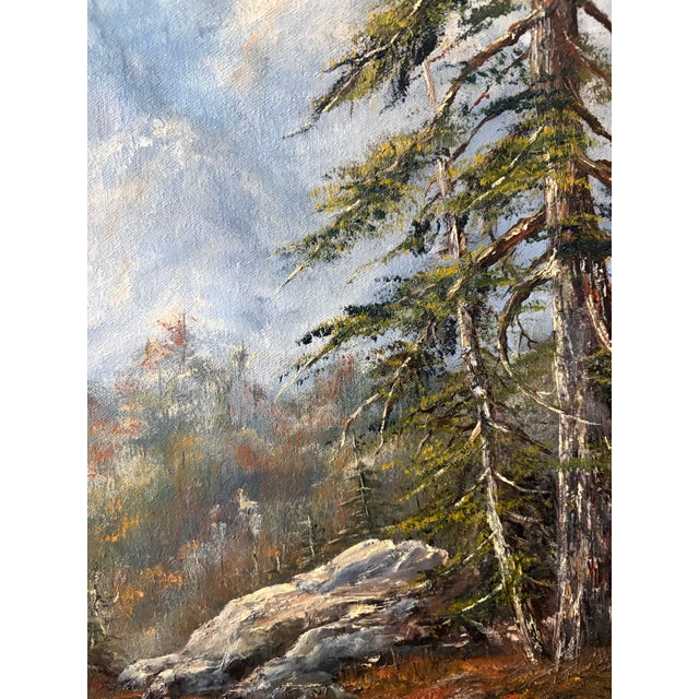 Textile Vintage Signed Original Mountain Landscape Oil Painting on Canvas | Framed Alpine Forest Scene | 31” X 25.5” For Sale - Image 7 of 13