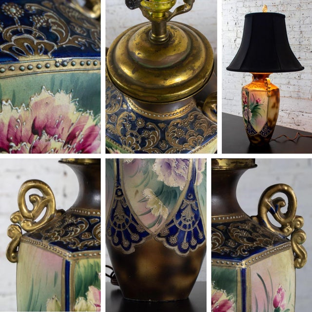 Early 20th Century Floral Table Lamp Hand Painted Porcelain Style of Royal Nippon Black Bell Shade For Sale - Image 17 of 18