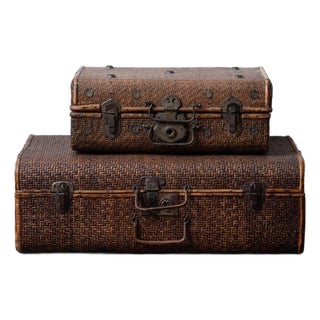 Vintage Rattan Suitcases, a Pair, C. 1950 For Sale