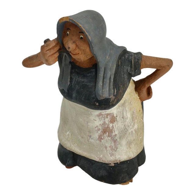 Vintage Pipe-Smoking Lady Wooden Figurine For Sale