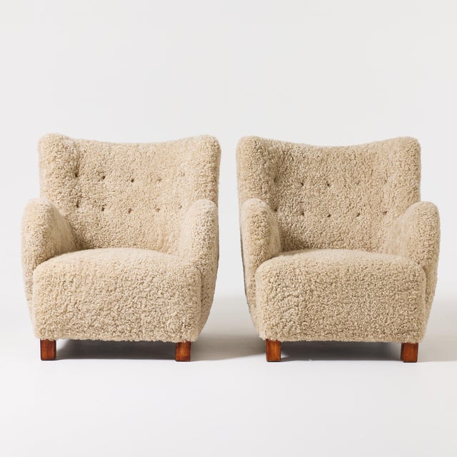 Mid-Century Modern Danish Modern Sheepskin Armchairs, a Pair, 1940's For Sale - Image 3 of 7