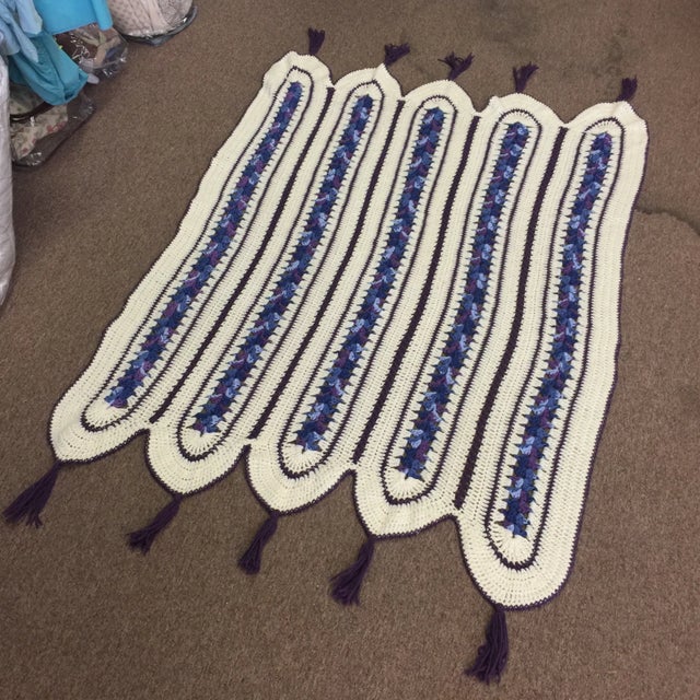 Gorgeous woven throw with purple and blue and cream soft yarn. Beautiful for fall or winter!