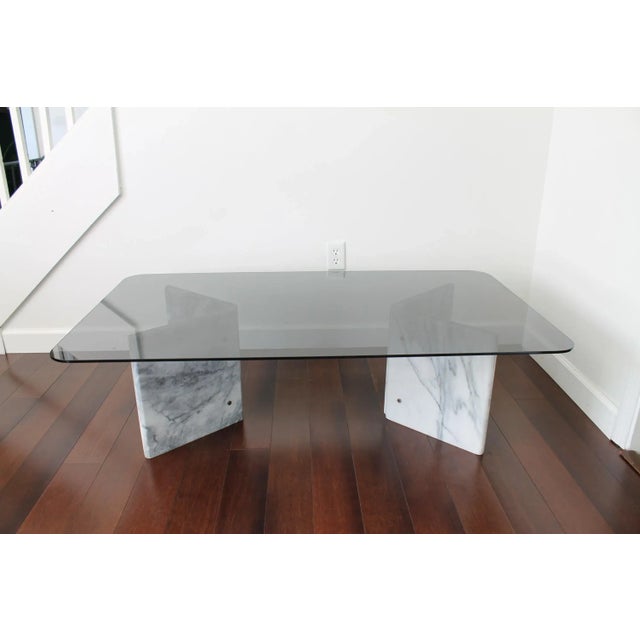 1970's White Carrara Marble Coffee Table With Smoke Glass Top For Sale - Image 12 of 12