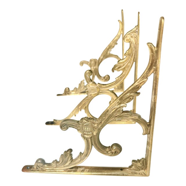 Antique Brass Ornate Victorian Leaf 6" X 8" Cistern & Shelf Brackets - Set of 3 For Sale