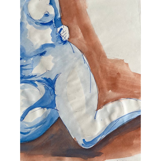 Blue Vintage Watercolor Nude Study 3 For Sale - Image 8 of 8