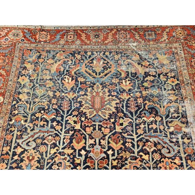 Antique Persian Heriz Serapi Rug, Hand-Knotted Wool, Allover Tree of Life Pattern, Blue & Brick-Red, 9x12 For Sale - Image 15 of 18