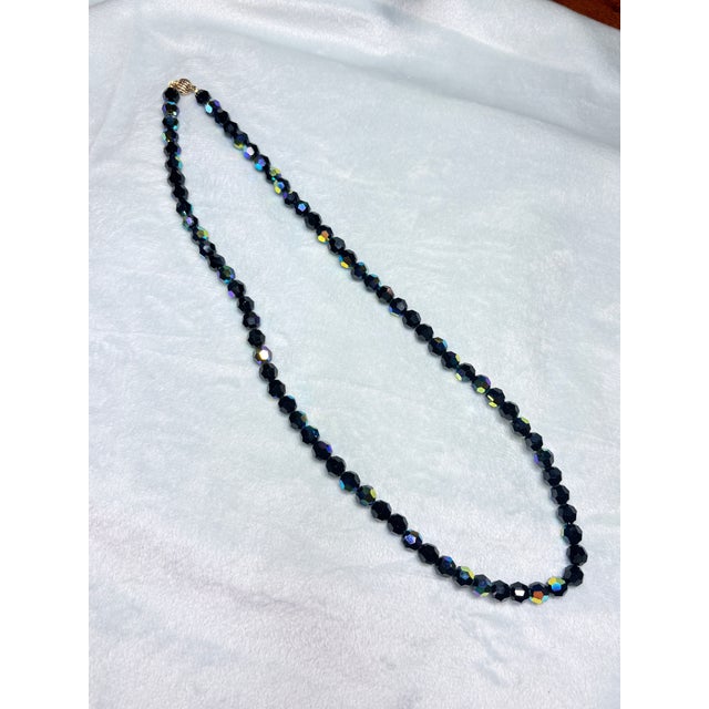 1960s Luxury Jet‑Black Ab Czech Glass Necklace W 14k Ball Clasp • Mid‑Century European For Sale - Image 5 of 13
