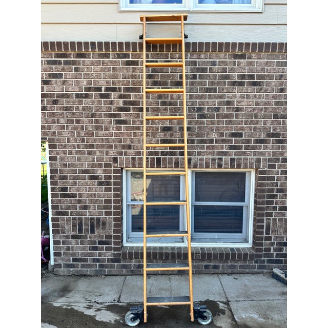 Vintage i.d Cotterman Co. Solid Oak Library Rolling Ladders - A Matching Pair For Sale - Image 11 of 13