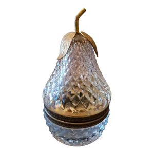 1940s Vintage Baccarat Style Crystal Pear Form Box Gilt Ormolu Leaf