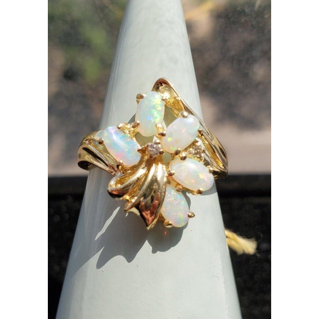 Contemporary Oval Opal Cluster Diamond Ring 14k Yellow Gold, Size 7 For Sale - Image 3 of 4