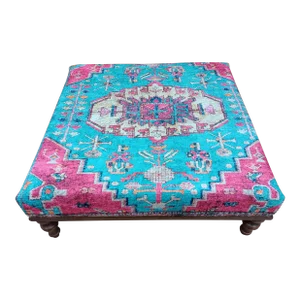 Blue Rug Print Fabric Upholstered Square Coffee Table