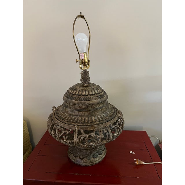 Asian Large Late 20th Century Moroccan/Spanish Style Metal Table Lamp Filigree Base For Sale - Image 3 of 11