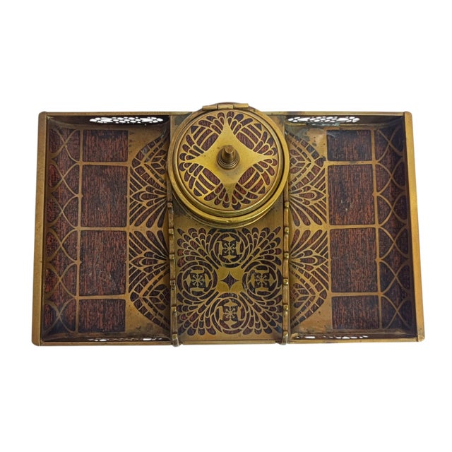 Wood Antique Art Nouveau Brass Inlaid Inkwell with Rocker Blotter by Erhard & Söhne, Germany, 1910, Set of 2 For Sale - Image 7 of 8