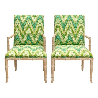 Regency Style Cerused Pine Faux Bamboo Bergere Chairs in Chevron - Pair For Sale