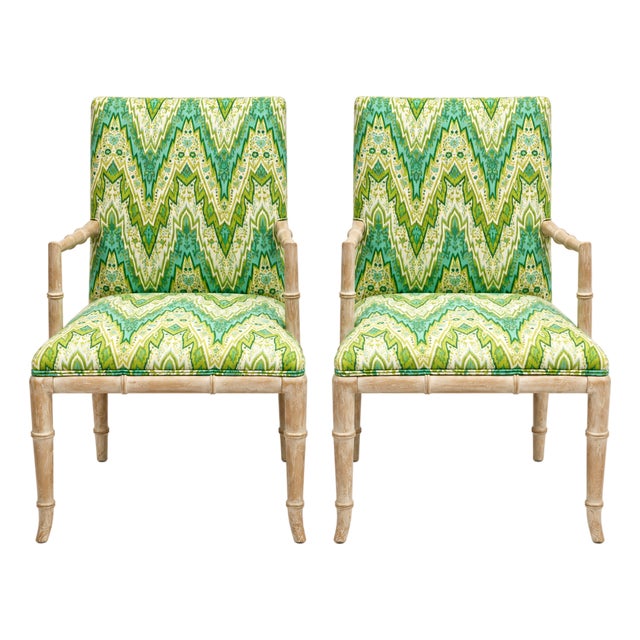 Regency Style Cerused Pine Faux Bamboo Bergere Chairs in Chevron - Pair For Sale