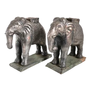 Late 19th Century Antique Indian Silver Mounted on Teak Elephant Statues - A Pair