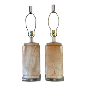 1980's Vintage Bauer Faux Marble Finish Ceramic Table Lamps - a Pair