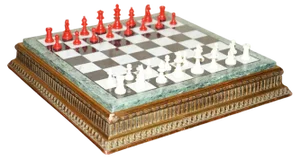 Victorian Chessboard & Pieces in Italian Marble & Giltwood from Staunton, Set of 17