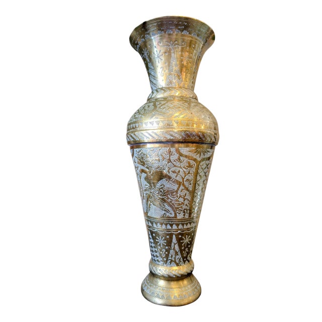 Brass Pair of Large Mid-Century Indian Etched Brass Vases For Sale - Image 8 of 11