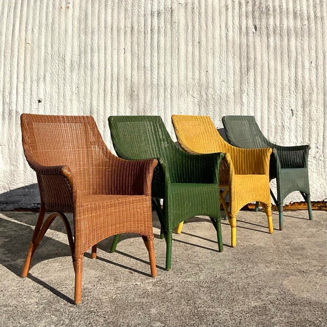 Wood Vintage Coastal Palecek Four Color Woven Rattan Dining Chairs - Set of Four For Sale - Image 7 of 8