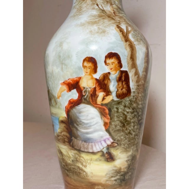 Quality Vintage Hand Painted Gilt Porcelain Figural Landscape Scene Vase Urn For Sale - Image 9 of 12