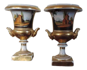 French Empire 19th Century Old Paris Porcelain Campagna Urn Vases - a Pair