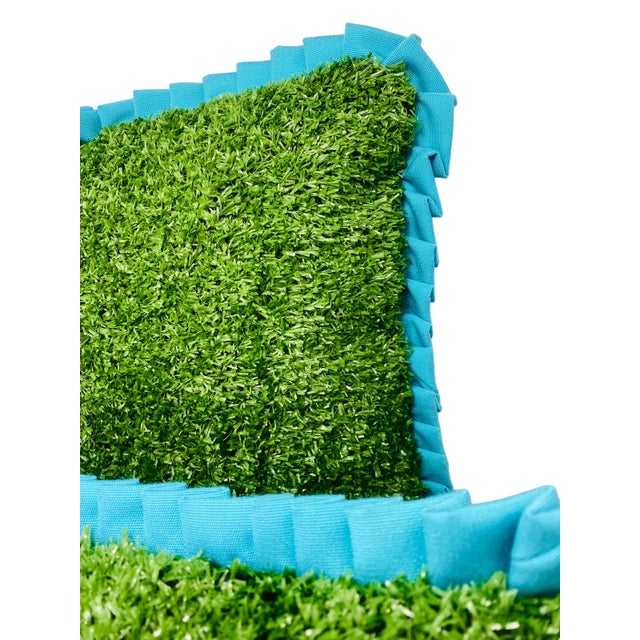 Custom Handcrafted Artificial Turf Lumbar Pillow With Turquoise Ruffle - Small Lumbar For Sale - Image 4 of 10