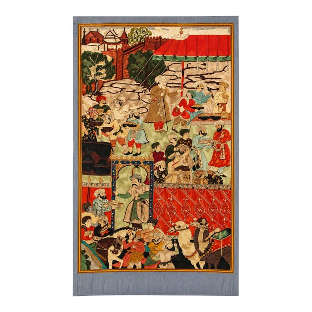 1970s Large Mughal Court Festival Tapestry | Handcrafted Indian Textile Wall Hanging | Palace Procession Scene | 50” X 82” For Sale