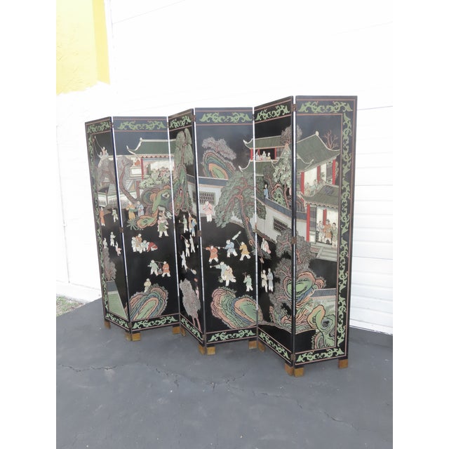 Asian Oriental Tall Six Panel Hand Painted Privacy Screen Room Divider 6439 For Sale - Image 17 of 18