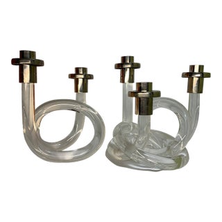 1950s Dorothy Thorpe Lucite Pretzel Twist Lucite Candlestick Holders - Pair, Double and Triple For Sale