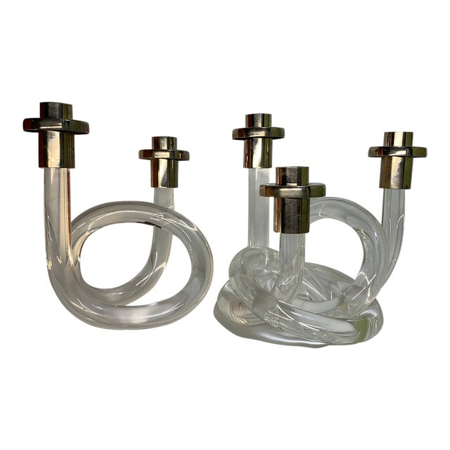 1950s Dorothy Thorpe Lucite Pretzel Twist Lucite Candlestick Holders - Pair, Double and Triple For Sale