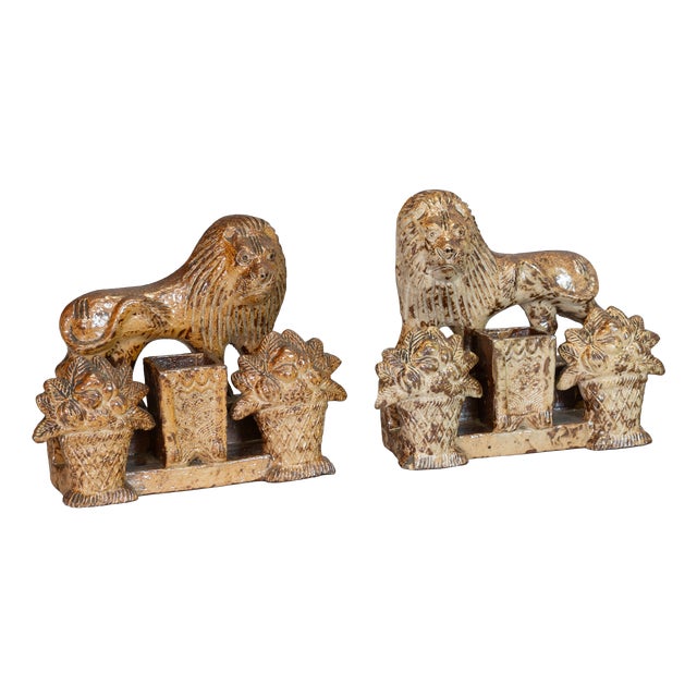 Stoneware Salt-Glaze Ornamental Lion Spill Holders, 1840, Set of 2 For Sale