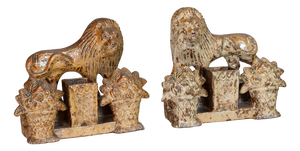 Stoneware Salt-Glaze Ornamental Lion Spill Holders, 1840, Set of 2