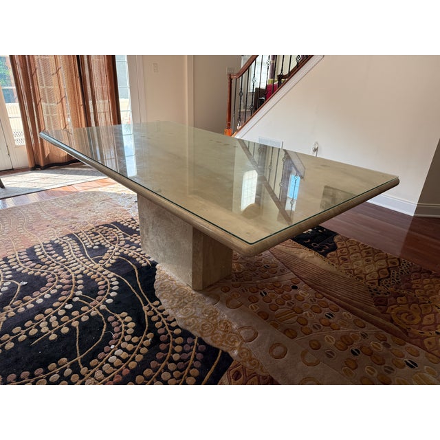 Authentic C.I.M Italian Marble Table with Custom Glass Top. Warm beige/cream color with natural stone patterns and vines....