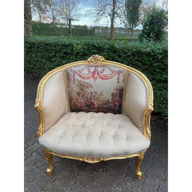 Wood c.1900 French Marquise Gold Beech Velvet Loveseat For Sale - Image 7 of 13