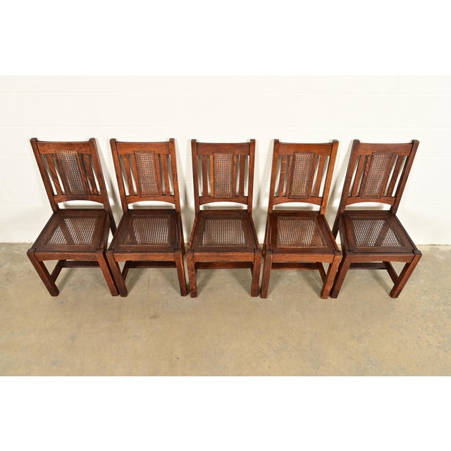 Early 20th Century Lifetime Furniture Antique Mission Oak and Cane Arts & Crafts Dining Chairs, Set of Five For Sale - Image 5 of 11