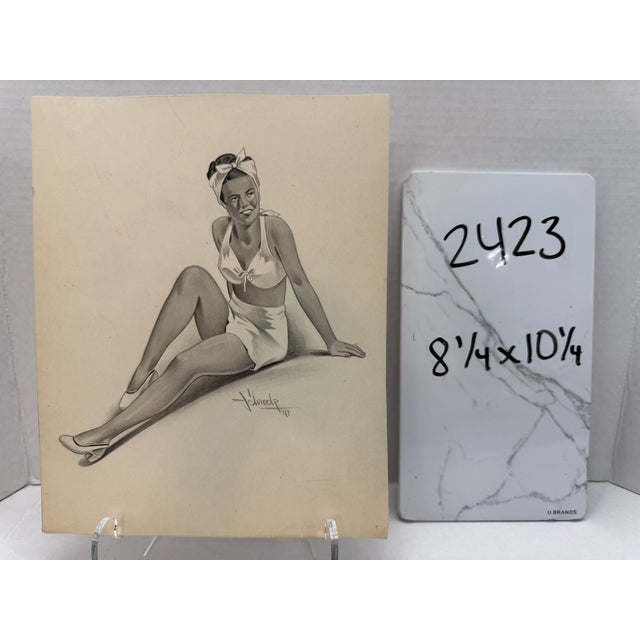 1940s Original t.e. Schrock Signed Graphite Illustration of Seated Woman in Beachwear, 10¼ × 8¼ In. For Sale In Atlanta - Image 6 of 6