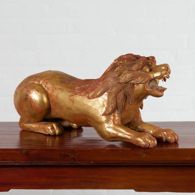 Goldenrod Vintage Thai Gilded and Carved Wooden Mythical Creature with Red Undertone For Sale - Image 8 of 12
