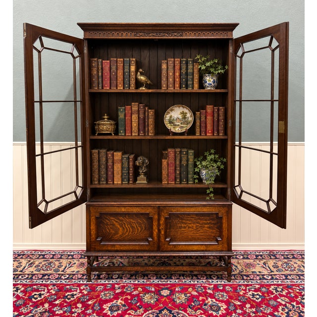 Wood Antique English Jacobean Bookcase Cabinet Double Door Wavy Glass Tiger Oak 1930s For Sale - Image 7 of 18
