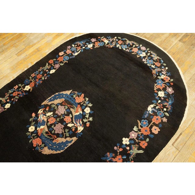 1920s Black Medallion Floral Antique Oval Chinese Art Deco Carpet 4'1" X 6'10" Wool Knotted Rug For Sale - Image 4 of 9
