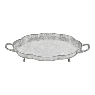 Large English Sheffield Silver Footed Gallery Tray - Engraved For Sale