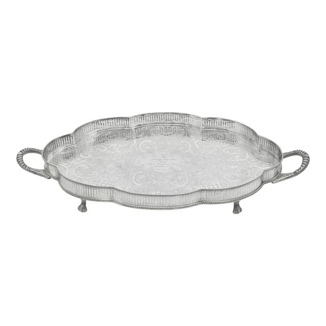 Large English Sheffield Silver Footed Gallery Tray - Engraved For Sale