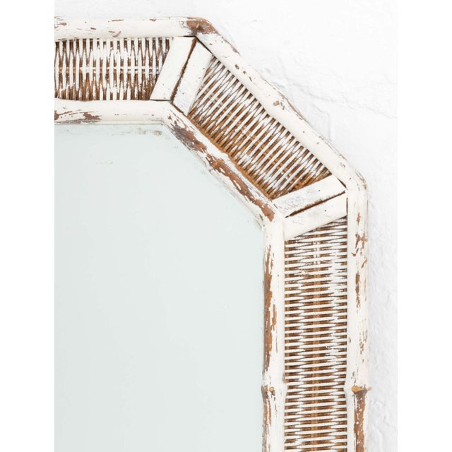 Modern White Painted Wicker and Bamboo Octagonal Full-Length Mirror. Mirror Plate: 43.25" H x 15.25" W; frame: 51.5" H x...