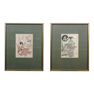 Late 20th Century Japanese Ukiyo-E Kikukawa Eizan Courtesan Geisha Musician Woodblock Prints 32" - Set of 2 For Sale