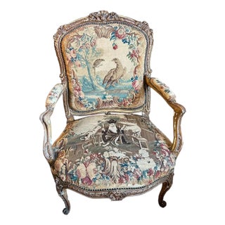 Louis XV Style Giltwood Fauteuil, 18th Century Beauvais Tapestry, in the Manner of Jean-Baptiste Tilliard, 19th Century For Sale