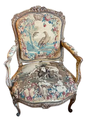 Louis XV Style Giltwood Fauteuil, 18th Century Beauvais Tapestry, in the Manner of Jean-Baptiste Tilliard, 19th Century