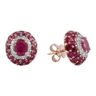 6.93ct Mozambique Ruby Cluster Oval 14k Rose Gold Stud Earrings- 2 Pieces For Sale